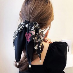 Accesoriu pentru decor par cu Fundita din satin si clema metalica TRD041SS Neagra cu perle